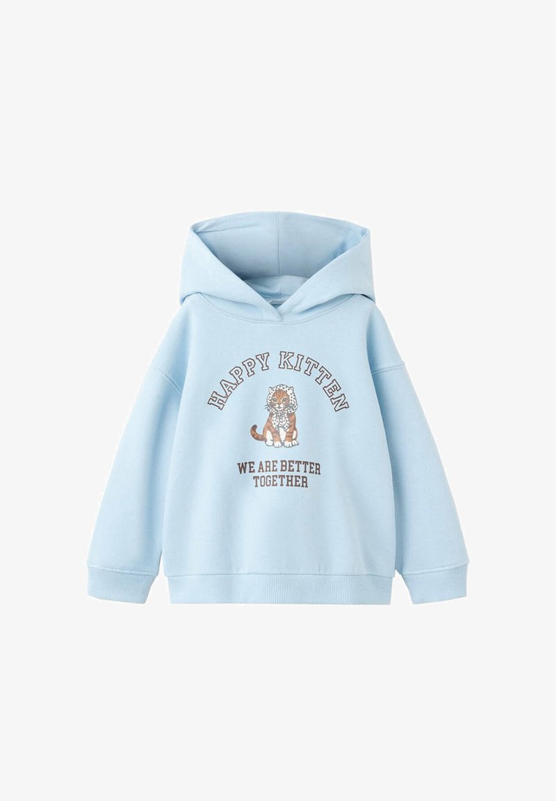 Sweat à capuche bleu clair avec un chaton assis portant un foulard imprimé léopard et le texte "Happy Kitten" et "We Are Better Together."