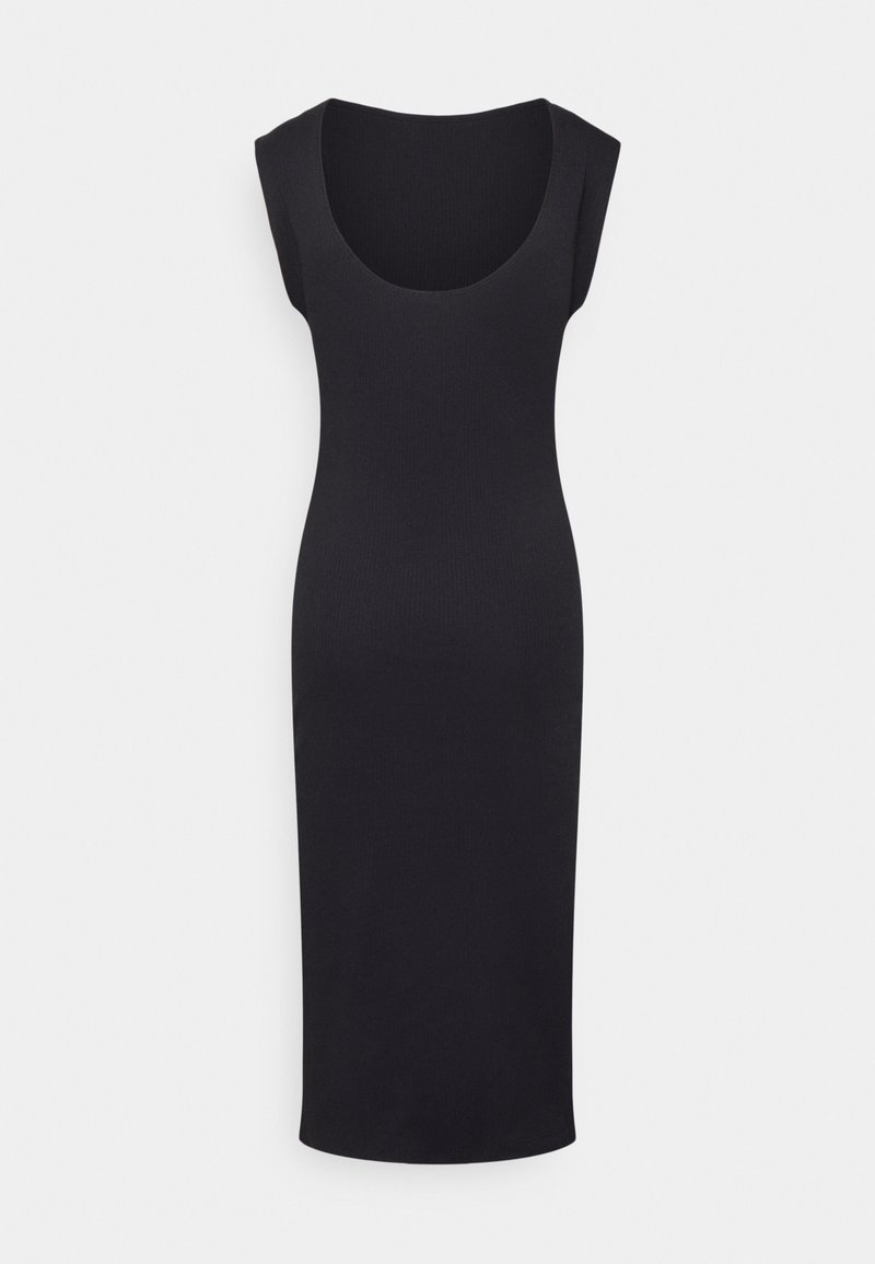 Zwarte geribbelde midi-jurk met een ronde halslijn en cap sleeves, met een aansluitende pasvorm en een gladde textuur.