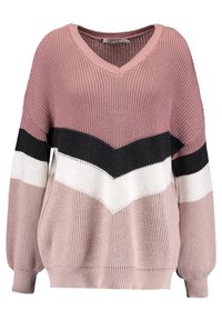 Gestrickter Pullover mit V-Ausschnitt, in Pink mit schwarzen und weißen Chevron-Streifen. Weiche Textur mit lockerem Schnitt und gerippten Bündchen.