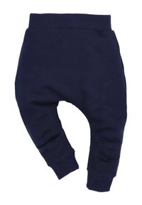 Granatowe spodnie dresowe dla dzieci wykonane z bawełny, z elastyczną talią, zwężanymi mankietami i luźnym krojem.