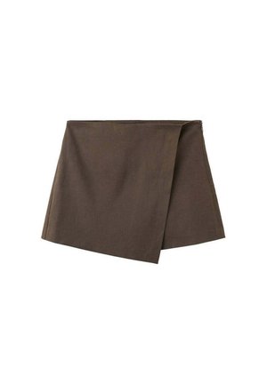 Minifalda asimétrica marrón con efecto envolvente, hecha de tela lisa, con un panel delantero que superpone la capa base.