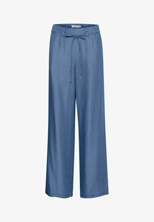 Svetlo modre široke hlače iz mehkega, lahkega materiala. Imajo pas z vrvico in subtilno teksturirano površino.