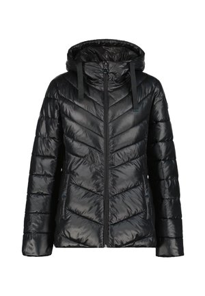 Veste matelassée noire avec capuche, fermeture éclair à l'avant et deux poches latérales, réalisée en tissu brillant.