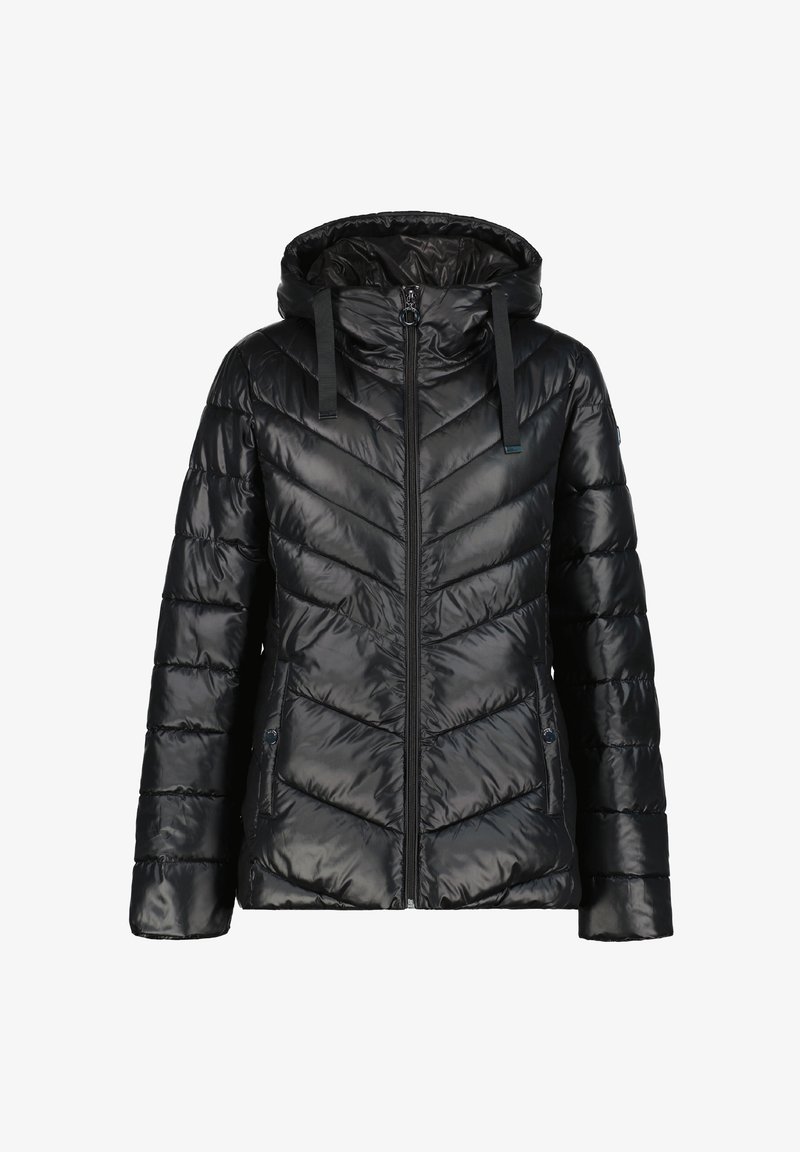 Veste matelassée noire avec capuche, fermeture éclair à l'avant et deux poches latérales, réalisée en tissu brillant.