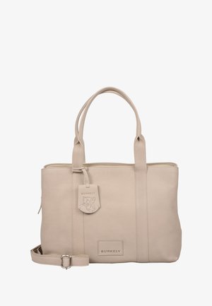 Beige lederen tote bag met dubbele handvatten, afneembare schouderband, geperst logo en label met dierenafbeelding. Glad textuur en gestructureerde vorm.