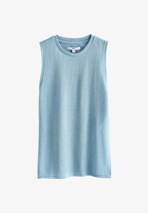 Vaaleansininen hihaton neulepaita pyöreällä pääntiellä ja pehmeällä, teksturoidulla kankaalla, valkoista taustaa vasten.