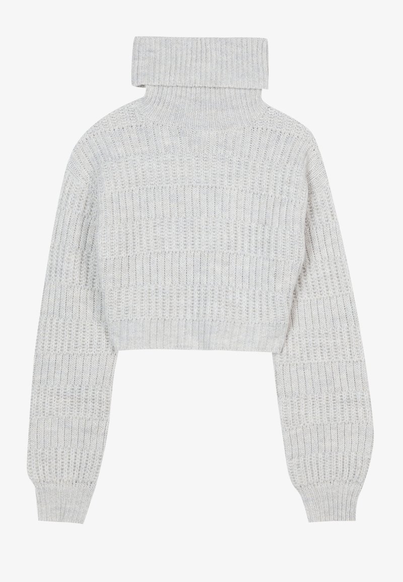 Heled halli, lühikesed kaelusega kootud sviiter, laiad varrukad ja tekstureeritud soonikmuster. Pehme materjal, natuke vabavõitu istuvus.