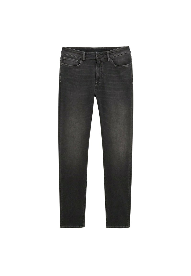 Jeans en denim noir avec une coupe droite, fermeture éclair, cinq poches, décoloration subtile et détails de couture contrastants.