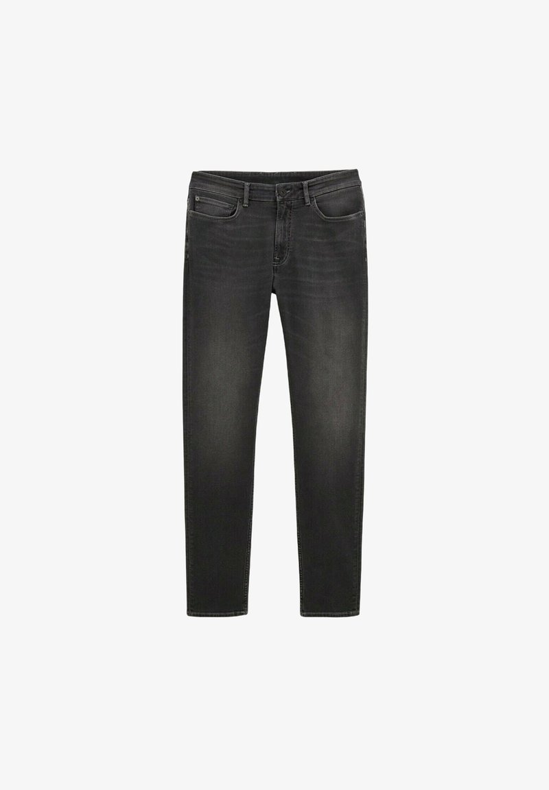 Jeans en denim noir avec une coupe droite, fermeture éclair, cinq poches, décoloration subtile et détails de couture contrastants.