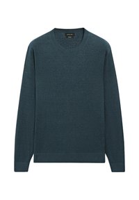 Ciemnozielony sweter z długim rękawem i okrągłym dekoltem, z ribbowanymi mankietami i dołem, wykonany w 100% z lnu, z metką Massimo Dutti.