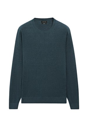 Dark teal crewneck long-sleeve sweater with ribbed cuffs and hem, made of 100% linen, labeled Massimo Dutti.