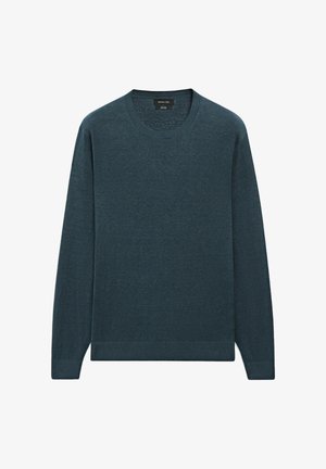 Pull à col rond long à manches longues de couleur bleu canard foncé avec des poignets et un ourlet côtelés, fabriqué en 100 % lin, étiqueté Massimo Dutti.