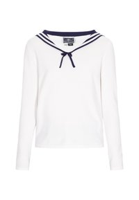 Top bianco a maniche lunghe con colletto da marinaio blu navy, dotato di un fiocco sulla parte anteriore. Realizzato in tessuto morbido con una superficie liscia, design casual.