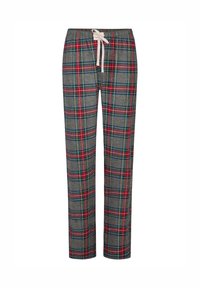 Šedé kárované kalhoty s červenými a modrými pruhy, elastickým pasem se šňůrkou a střihem s rovnými nohavicemi.