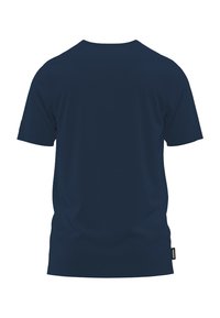 Dunkelblaues T-Shirt mit kurzen Ärmeln und Rundhalsausschnitt aus glattem Material. Verfügt über ein kleines schwarzes Etikett auf der linken Seite.