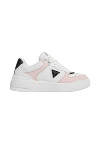 Sneaker bianca con accenti rosa, tallone nero e logo argentato. Parte superiore in pelle liscia, punta rotonda e suola in gomma bianca spessa. Chiusura con lacci.