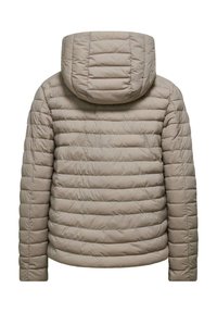 Giacca a compressione beige con cappuccio, caratterizzata da un design trapuntato e cuciture orizzontali. Il tessuto appare liscio e leggero.
