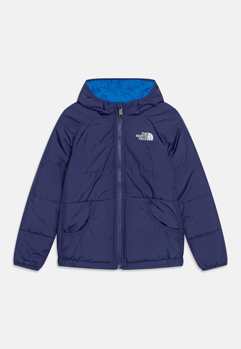 Marineblaue gepolsterte Jacke mit Kapuze, Frontreißverschluss, zwei Taschen und dem The North Face-Logo auf der Brust; Kapuze mit leuchtend blauer Stoff ausgekleidet.
