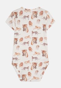 Kortsleevet bodysuit i krem som har et gjentatt dyremønster med forskjellige store katter, inkludert løver, tigre og leoparder.