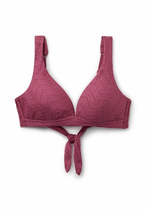 Haut de bikini bordeaux texturé avec larges bretelles et détail de nœud frontal, conçu pour la natation.