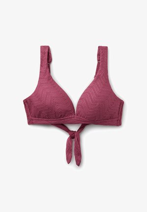Haut de bikini bordeaux texturé avec larges bretelles et détail de nœud frontal, conçu pour la natation.