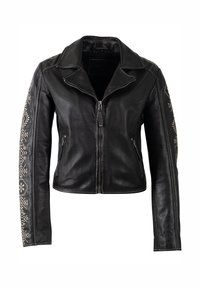 Zwarte leren jas met ritssluiting, puntige kraag en fijne lichtgekleurde borduursels op de mouwen, met een gestructureerde pasvorm en een gladde textuur.