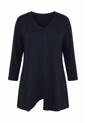 Zwarte tuniek met lange mouwen en V-hals, met asymmetrische zoom, gemaakt van zachte stof, ontworpen voor casual of professioneel gebruik.