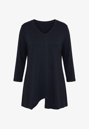 Schwarze Tunika mit V-Ausschnitt und langen Ärmeln, asymmetrischem Saum, aus weichem Stoff gefertigt, entworfen für legere oder berufliche Anlässe.