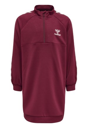 Weinroter Pullover mit halbem Reißverschluss, gerippten Bündchen und kontrastierenden gemusterten Akzenten an den Ärmeln. Hummel-Logo auf der Brust.