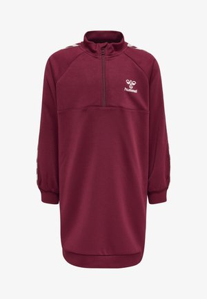 Mørkerød pullover sweatshirt med halvnedsunket krave, ribbede manchetter og kontrasterende mønstrede detaljer på ærmerne. Hummel-logo på brystet.