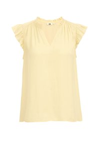 Blouse sans manches jaune clair avec des manches à volants et un petit volant autour du col en V.
