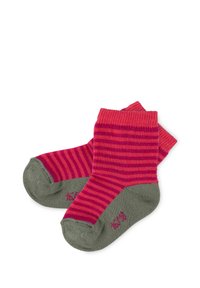 Striped socks featuring a pink and dark pink upper with a green toe and heel. Knitted texture with reinforced accents. Size 15-18.