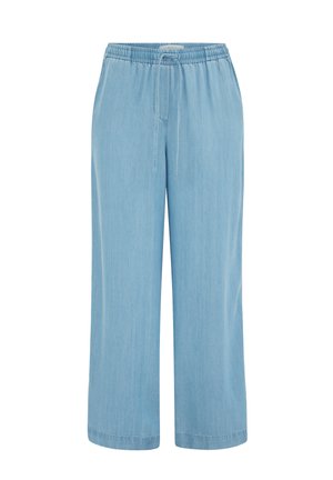 Vaaleansiniseen leveälahkeiset housut, joissa on joustava vyötärönauha ja edessä kiristysnauha, valmistettu pehmeästä denimikankaasta.