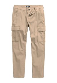 Pantalones cargo beige de algodón, con dos grandes bolsillos laterales, cierre frontal de botón y cremallera, y un diseño de pierna recta.