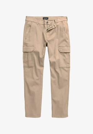 Beige cargobroeken van katoen, met twee grote zijzakken, een knoop- en ritssluiting aan de voorkant, en een rechte pijp.