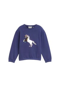 Felpa blu navy con maniche lunghe, caratterizzata da un design di unicorno in paillettes bianco, nero e tonalità multicolori sul davanti.