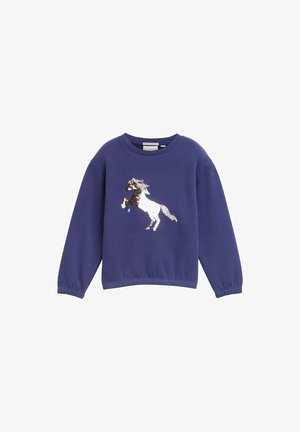Dunkelblauer Sweatshirt mit langen Ärmeln, das auf der Vorderseite ein Pailletten-Einhorn-Design in Weiß, Schwarz und mehrfarbigen Akzenten zeigt.