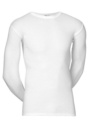 Long-sleeve white cotton shirt with a crew neckline. Smooth texture, fitted design, and no visible logos or patterns.