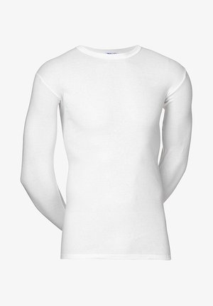 Long-sleeve white cotton shirt with a crew neckline. Smooth texture, fitted design, and no visible logos or patterns.