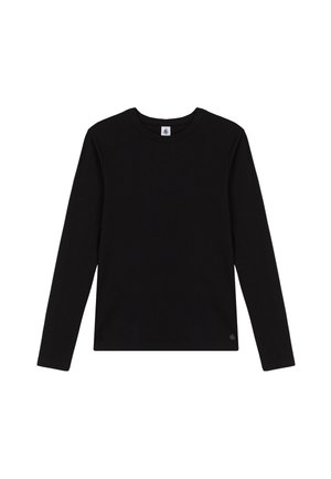 T-shirt noir à manches longues en coton, avec un col rond, une texture lisse et un petit logo brodé en bas.