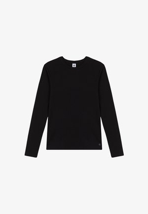 T-shirt noir à manches longues en coton, avec un col rond, une texture lisse et un petit logo brodé en bas.