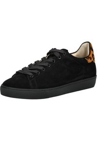 Baskets en suède noir avec lacets noirs, semelle en caoutchouc et accent en imprimé léopard sur le talon. Bout arrondi et texture lisse.