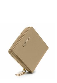 Portafoglio zip-around in pelle marrone con finitura testurizzata, hardware in tonalità oro e logo del marchio sul fronte. Forma quadrata con bordi lisci.