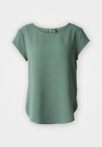 Grüne Bluse mit kurzen Ärmeln, rundem Ausschnitt und einem Reißverschluss auf der Rückseite. Aus glattem Stoff gefertigt, hat sie einen lockeren Schnitt und einen abgerundeten Saum.