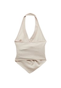 Beżowy top bandeau na halter z wiązanym designem i miękkim, teksturowanym materiałem, pokazany na płasko na białym tle.