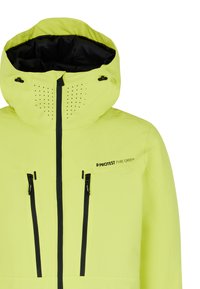 Veste imperméable jaune vif avec capuche, dotée de fermetures éclair noires, de trous de ventilation et d'un logo à l'avant.