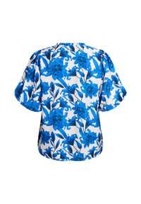 Blumenbluse mit einem blau-weißen Muster, kurzen Puffärmeln, rundem Ausschnitt und entspanntem Schnitt. Leichtes, strukturiertes Material.