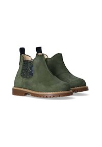 Stivali alla caviglia in suede verde con pannelli laterali elasticizzati, suole in gomma marrone e linguette per facilitare l'indossamento. Presentano una texture liscia e un design semplice.