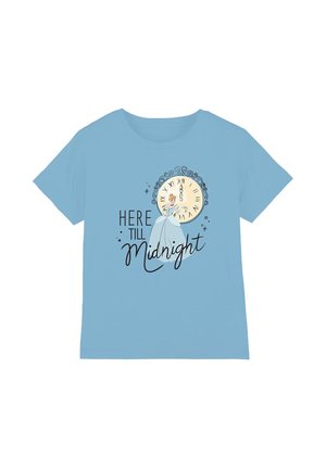 Light blue T-shirt with Cinderella illustration standing in front of a clock showing midnight and text "Here till Midnight."