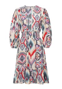Bedrucktes Kleid aus leichtem Material, mit einem mehrfarbigen Tribal-Muster, langen Puffärmeln, einem gerafften Bund und einem ausgestellten Saum.